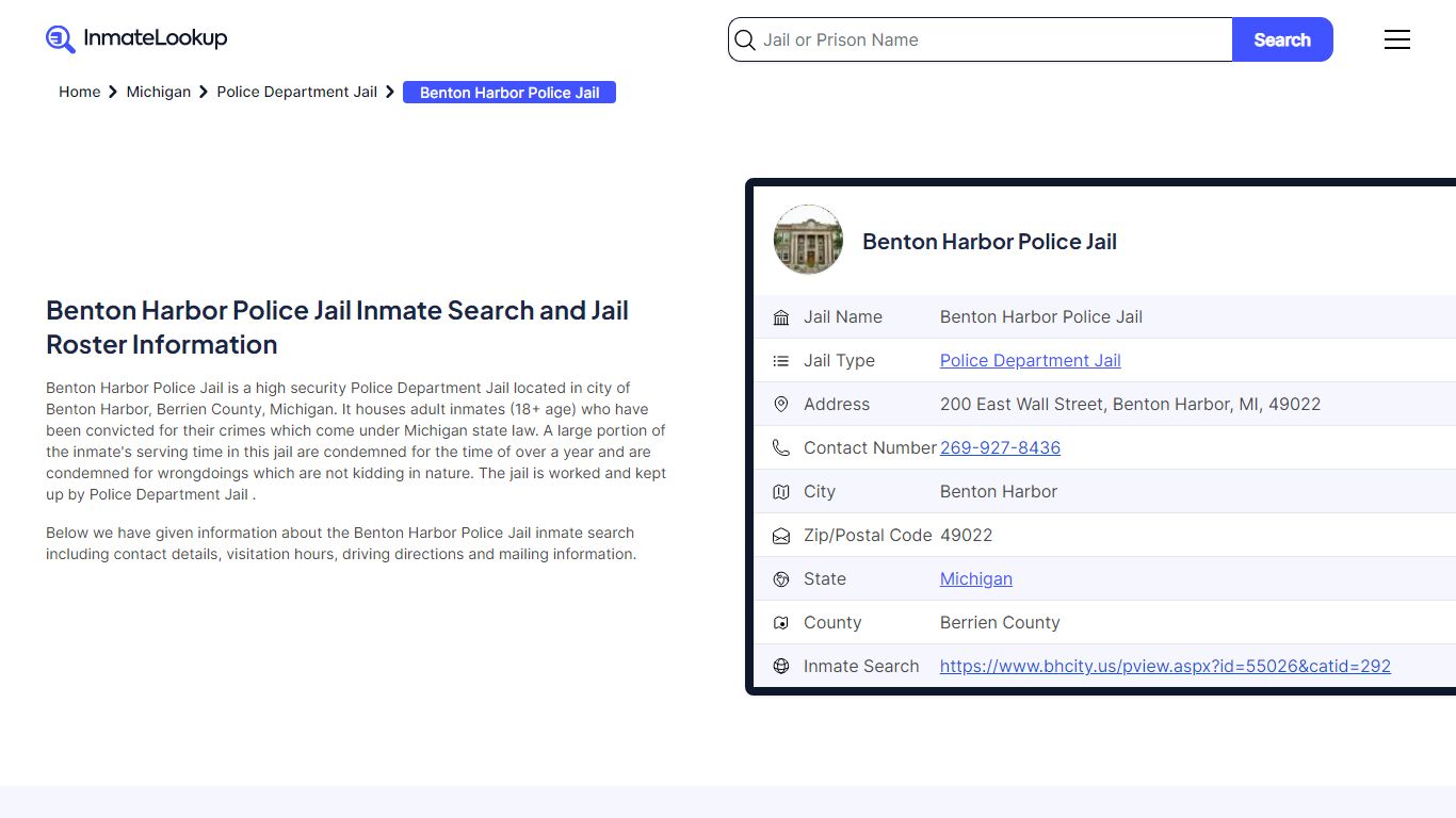 Benton Harbor Police Jail Inmate Search and Jail Roster Information